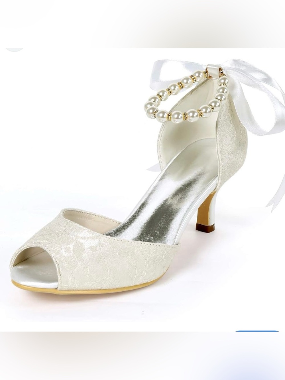 Women’s Pearl wedding shoes for bride high heels peep toe Ribbon tie formal Part